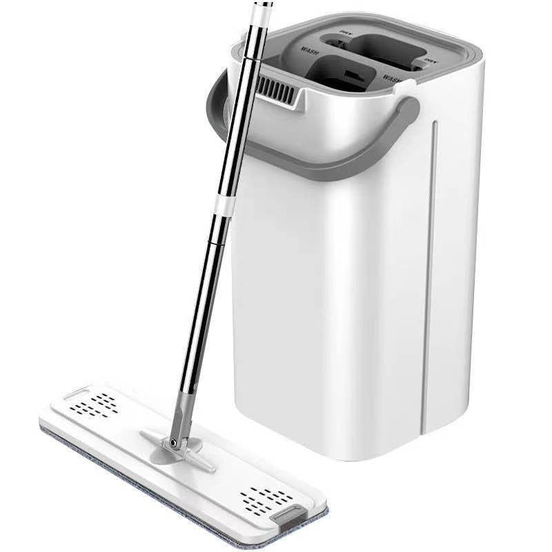 Set de curatenie selexmo, mop si galeata, galeata 5.7 l, 4 rezerve microfibra incluse, design modern, pentru interior, material plastic, peri sintetici, plat, cu storcere, alb