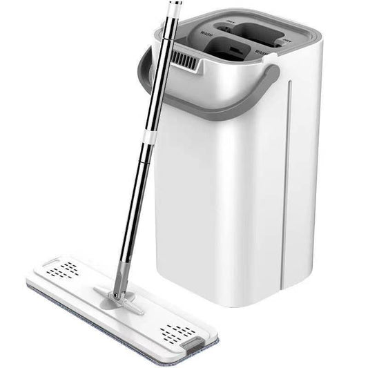 Set de curatenie selexmo, mop si galeata, galeata 5.7 l, 4 rezerve microfibra incluse, design modern, pentru interior, material plastic, peri sintetici, plat, cu storcere, alb