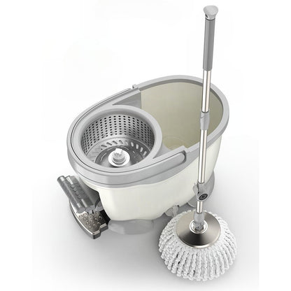 Set Galeata cu Pedala si Mop Rotativ 360°, selexmo, Cu Actiune Centrifuga x4, Pentru Uz Casnic, Maner din Otel Inoxidabil Telescopic, 2 Capte din Bumbac, 46x30x28 cm, Alb Ivoir