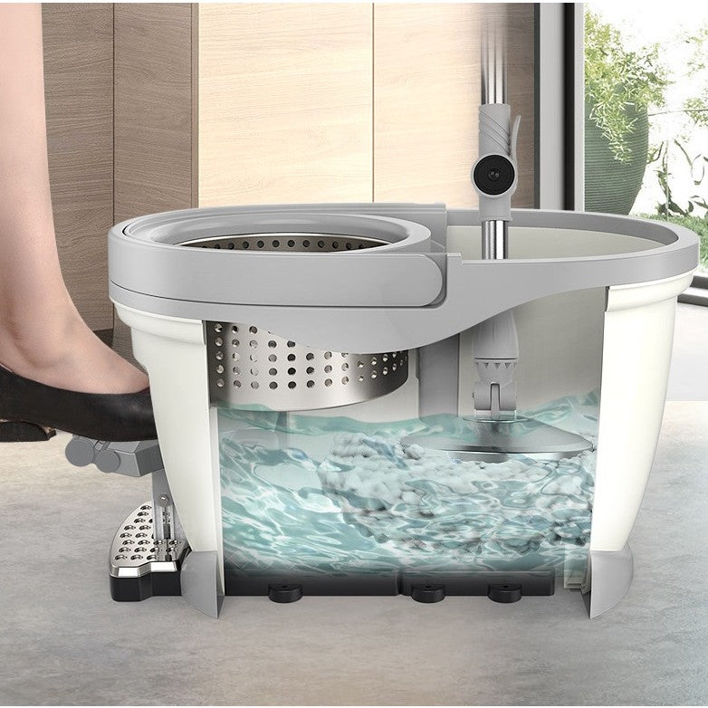 Set Galeata cu Pedala si Mop Rotativ 360°, selexmo, Cu Actiune Centrifuga x4, Pentru Uz Casnic, Maner din Otel Inoxidabil Telescopic, 2 Capte din Bumbac, 46x30x28 cm, Alb Ivoir