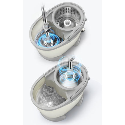 Set Galeata cu Pedala si Mop Rotativ 360°, selexmo, Cu Actiune Centrifuga x4, Pentru Uz Casnic, Maner din Otel Inoxidabil Telescopic, 2 Capte din Bumbac, 46x30x28 cm, Alb Ivoir