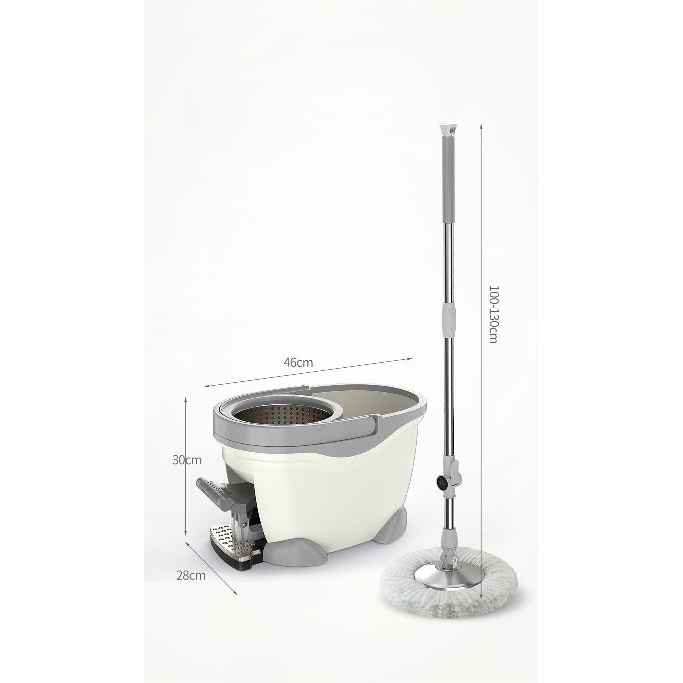 Set Galeata cu Pedala si Mop Rotativ 360°, selexmo, Cu Actiune Centrifuga x4, Pentru Uz Casnic, Maner din Otel Inoxidabil Telescopic, 2 Capte din Bumbac, 46x30x28 cm, Alb Ivoir