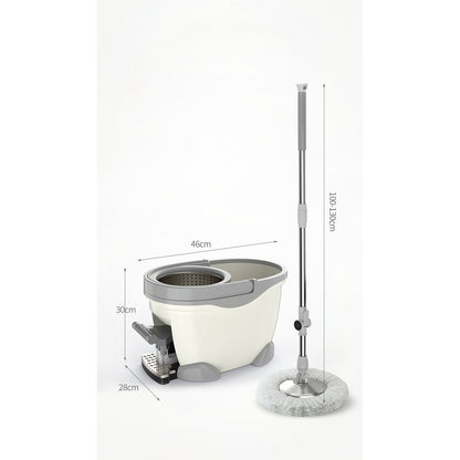 Set Galeata cu Pedala si Mop Rotativ 360°, selexmo, Cu Actiune Centrifuga x4, Pentru Uz Casnic, Maner din Otel Inoxidabil Telescopic, 2 Capte din Bumbac, 46x30x28 cm, Alb Ivoir