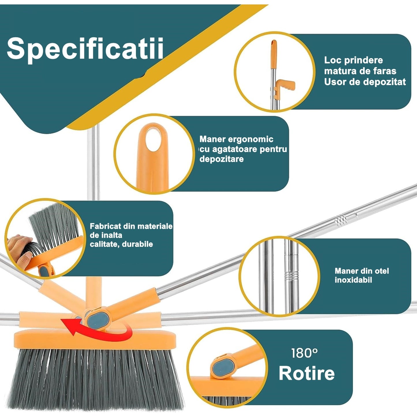 Set Matura si Faras cu Coada Detasabila, selexmo, cu Dinti de Pieptene pentru Curatare Matura, rotativ, pliabil, Otel inoxidabil si Polipropilena, portocaliu