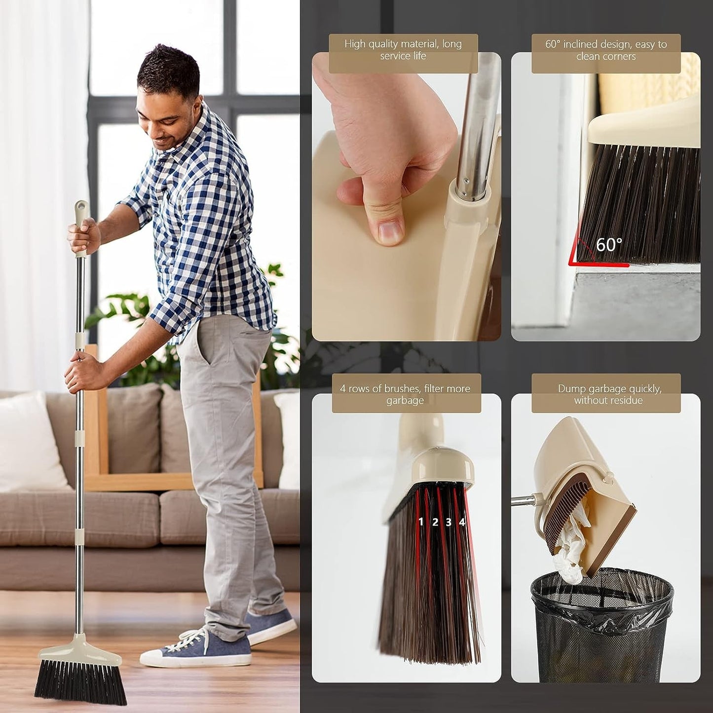 Set matura si faras cu coada, selexmo, Pentru uz casnic, Plastic/Otel, Maro/Bej, Depozitare verticala, 26x25.5x83 cm
