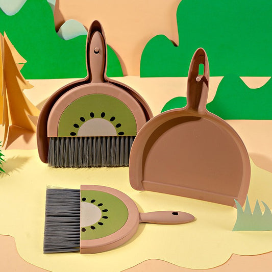 Set Mini Matura si Faras, selexmo, LITTLE CLEANER, Uz Casnic, pentru Birou, Bucatarie, Casa, Model Kiwi, 23 x 18 cm Maro-Verde