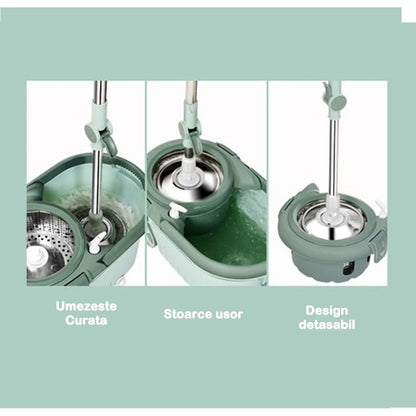 Set mop rotativ cu galeata selexmo, material plastic si microfibra, o rezerva inclusa, rezistent, cu dop scurgere, vas detasabil, orificiu pentru solutie, pentru interior, capacitate 8 l, verde