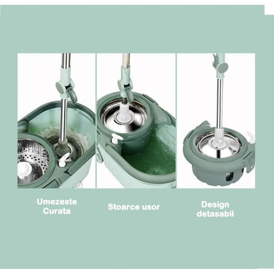 Set mop rotativ cu galeata selexmo, material plastic si microfibra, o rezerva inclusa, rezistent, cu dop scurgere, vas detasabil, orificiu pentru solutie, pentru interior, capacitate 8 l, verde