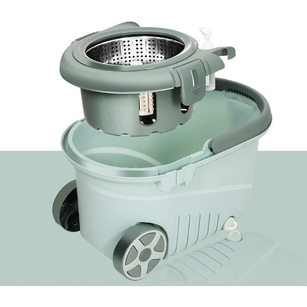 Set mop rotativ cu galeata selexmo, material plastic si microfibra, o rezerva inclusa, rezistent, cu dop scurgere, vas detasabil, orificiu pentru solutie, pentru interior, capacitate 8 l, verde