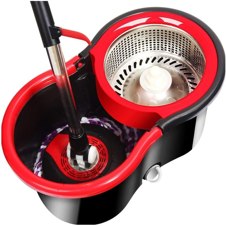 Set mop rotativ cu galeata selexmo, material plastic si microfibra, rezistent, cu dop scurgere, vas detasabil, pentru interior, capacitate 8 l, negru/rosu