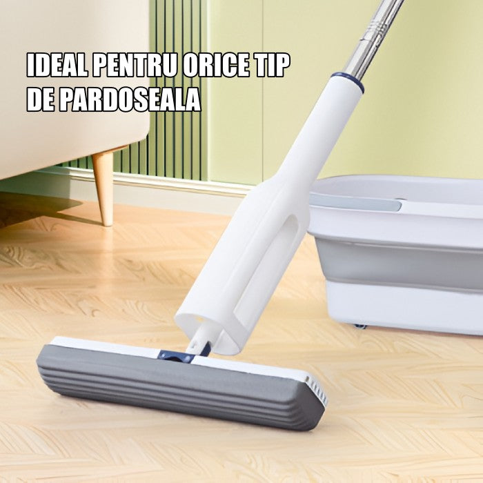 Set Mop Telescopic cu Galeata Pliabila, selexmo, Gri, 32 cm, Maner Reglabil 140 cm, Sistem de Stoarcere Usor si Eficient