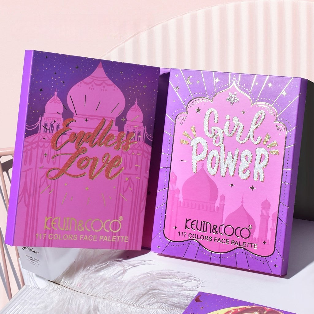 Paleta de Machiaj, KEVIN &amp; COCO, Girl Power, Fard de Pleoape, Iluminator, Blush Cremos, 117 culori, 19 x 14.8 x 3.4 cm