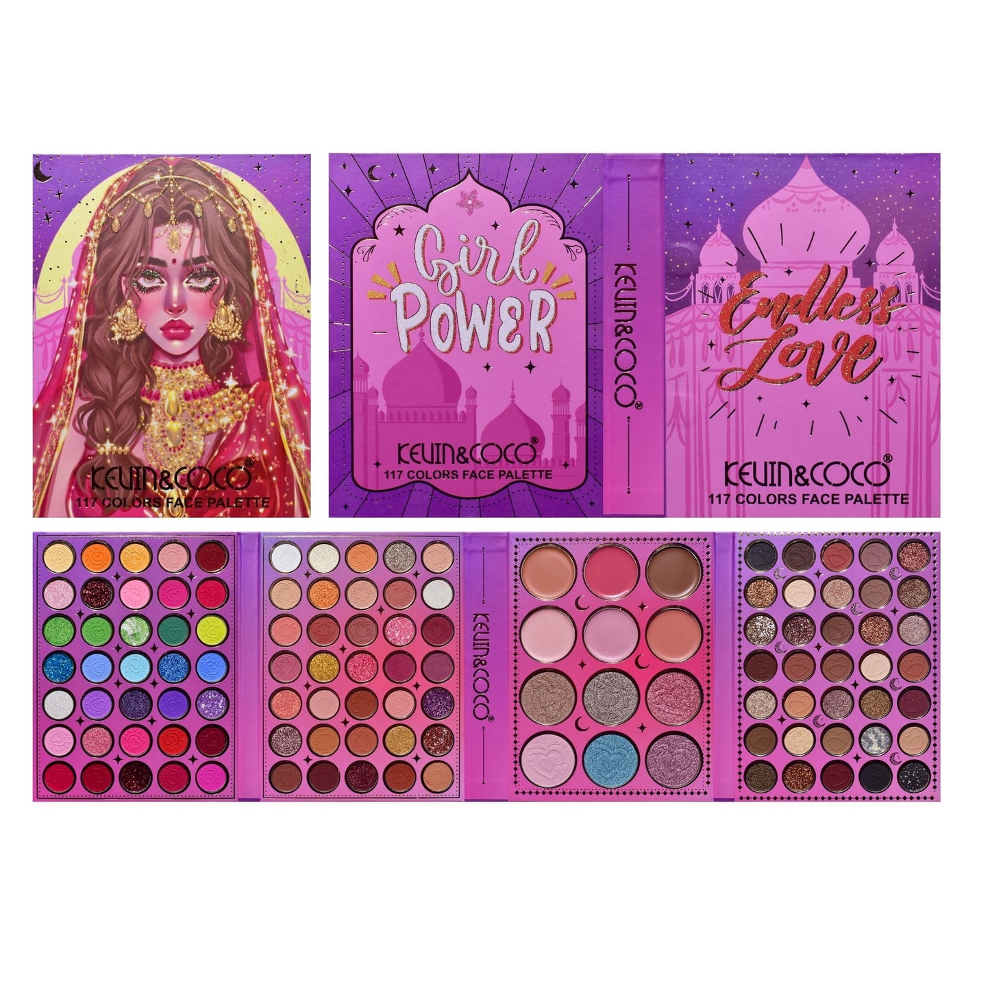 Paleta de Machiaj, KEVIN &amp; COCO, Girl Power, Fard de Pleoape, Iluminator, Blush Cremos, 117 culori, 19 x 14.8 x 3.4 cm