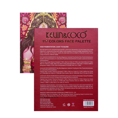 Paleta de Machiaj, KEVIN &amp; COCO, Good Luck, Fard de Pleoape, Iluminator, Blush Cremos, 117 culori, 19 x 14.8 x 3.4 cm