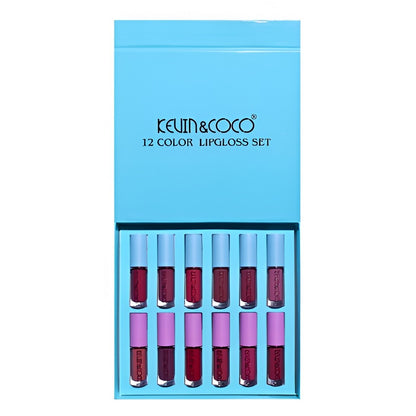 Set Rujuri de Buze, KEVIN & COCO, 12 Culori, 17x14.8x2.9 cm, Diferite Nuante, LipGloss, Albastru