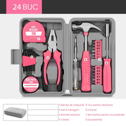 Set Scule 24 piese pentru Uz Casnic, Instrumente Set in Trusa de Plastic Gri, din Plastic si Metal, 20 x 12.5 x 3 cm, Roz