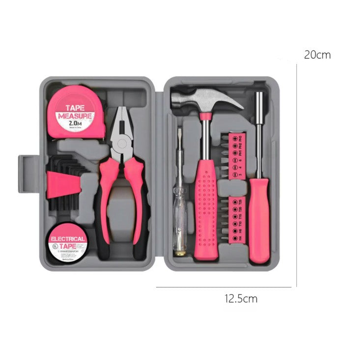 Set Scule 24 piese pentru Uz Casnic, Instrumente Set in Trusa de Plastic Gri, din Plastic si Metal, 20 x 12.5 x 3 cm, Roz
