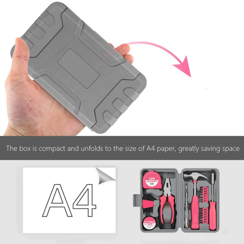 Set Scule 24 piese pentru Uz Casnic, Instrumente Set in Trusa de Plastic Gri, din Plastic si Metal, 20 x 12.5 x 3 cm, Roz