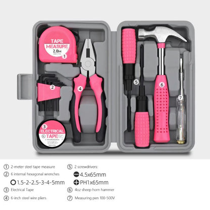 Set Scule 24 piese pentru Uz Casnic, Instrumente Set in Trusa de Plastic Gri, din Plastic si Metal, 20 x 12.5 x 3 cm, Roz