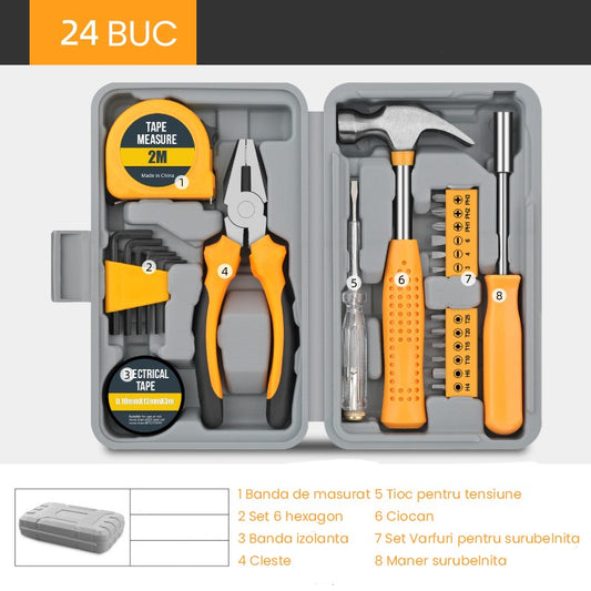 Set Scule 24 piese pentru Uz Casnic, Instrumente Set in Trusa de Plastic Gri, din Plastic si Metal, 20 x 12.5 x 3 cm, Galben