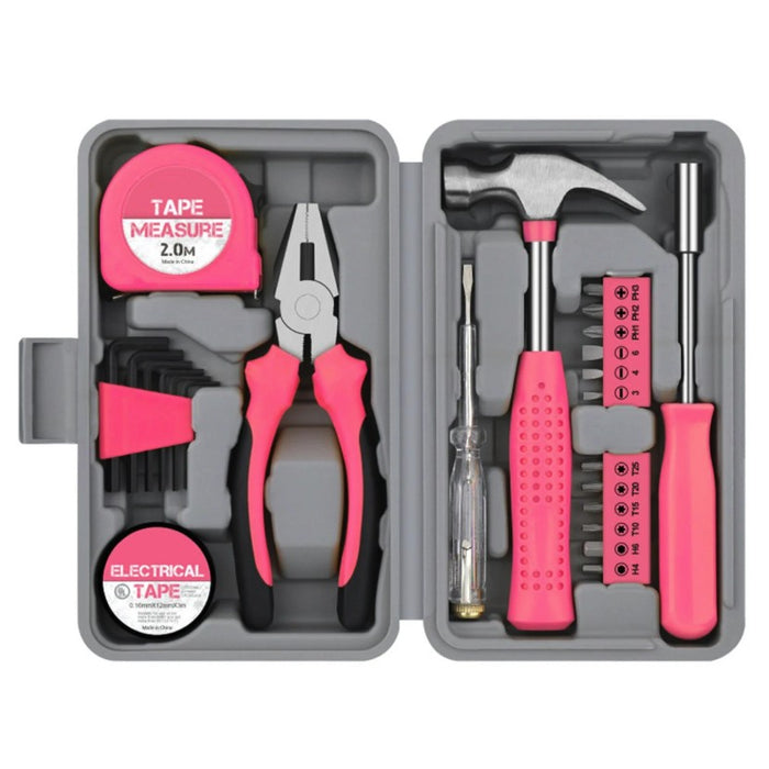 Set Scule 24 piese pentru Uz Casnic, Instrumente Set in Trusa de Plastic Gri, din Plastic si Metal, 20 x 12.5 x 3 cm, Roz