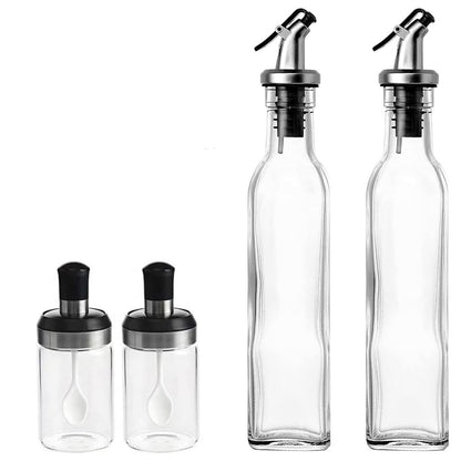Sticle si Borcane de Ulei de Masline, selexmo, Dozator Set 4 Bucati, 2 Sticle cu Dispenser 500 ml/buc, 2 Borcane pentru Condimente cu Capac si Lingura 120ml/buc, Transparent