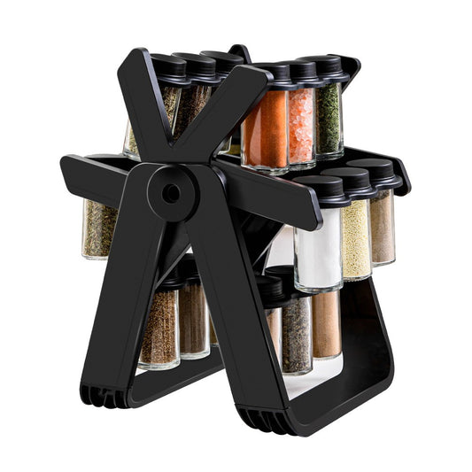 Set 18 recipiente condimente cu suport rotativ Selexmo®, 34x23 cm, pivotant 360°, cutie single 100ML, negru