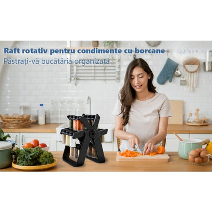 Set 18 recipiente condimente cu suport rotativ Selexmo®, 34x23 cm, pivotant 360°, cutie single 100ML, negru