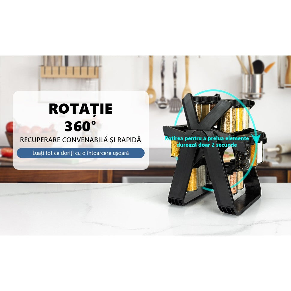 Set 18 recipiente condimente cu suport rotativ Selexmo®, 34x23 cm, pivotant 360°, cutie single 100ML, negru
