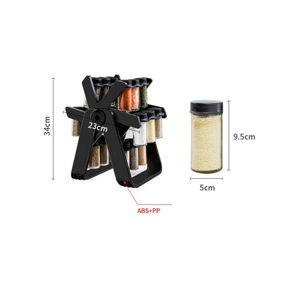 Set 18 recipiente condimente cu suport rotativ Selexmo®, 34x23 cm, pivotant 360°, cutie single 100ML, negru