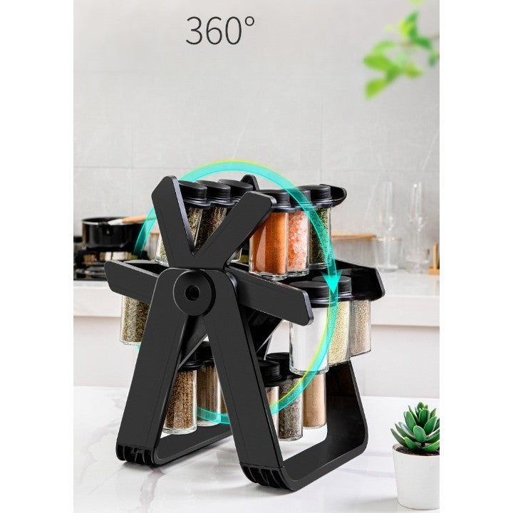 Set 18 recipiente condimente cu suport rotativ Selexmo®, 34x23 cm, pivotant 360°, cutie single 100ML, negru