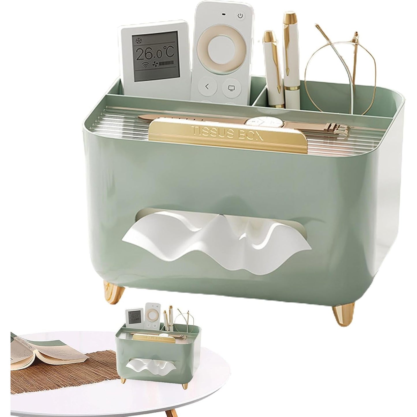 Suport pentru Servetele, selexmo, Cutie Multifunctionala, Design Minimalist, ABS, cu Suport pentru Obiectele Personale, pentru Birou, 21x15x13 cm, Verde
