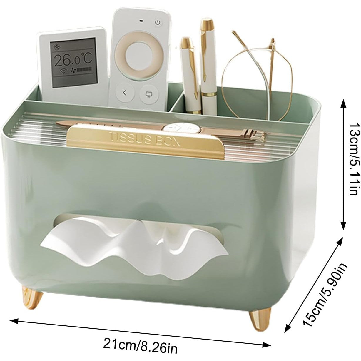 Suport pentru Servetele, selexmo, Cutie Multifunctionala, Design Minimalist, ABS, cu Suport pentru Obiectele Personale, pentru Birou, 21x15x13 cm, Verde