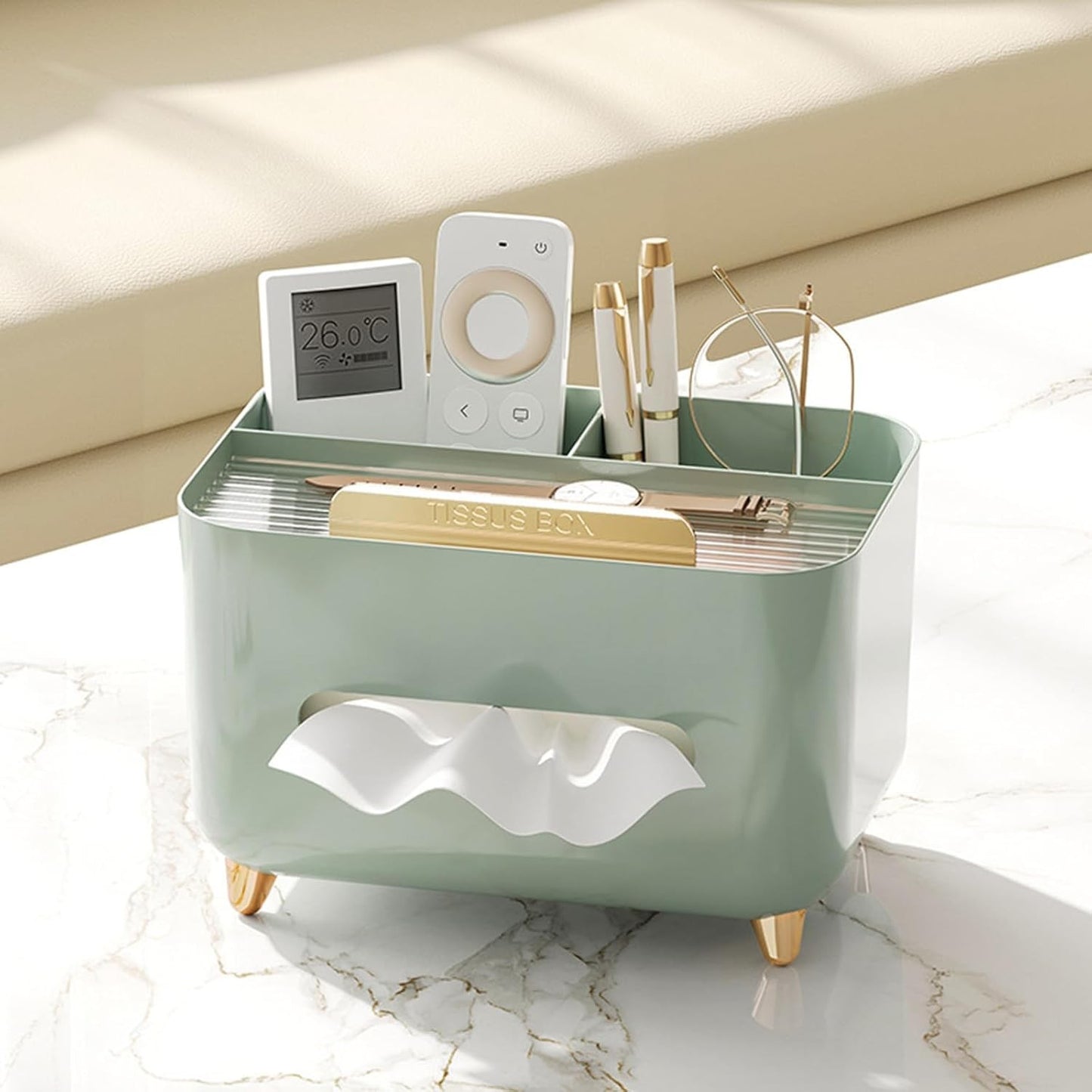Suport pentru Servetele, selexmo, Cutie Multifunctionala, Design Minimalist, ABS, cu Suport pentru Obiectele Personale, pentru Birou, 21x15x13 cm, Verde