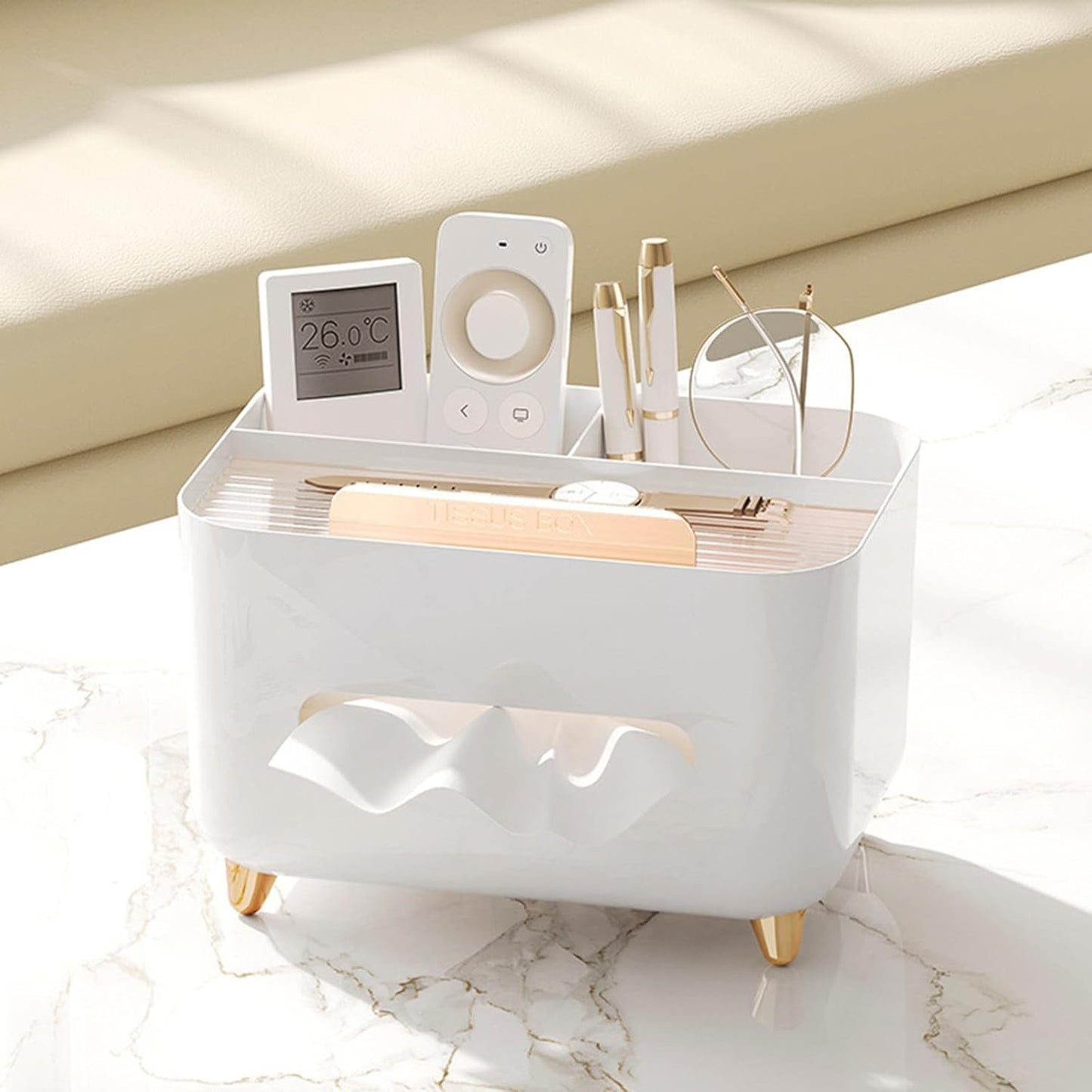 Suport pentru Servetele, selexmo, Cutie Multifunctionala, Design Minimalist, ABS, cu Suport pentru Obiectele Personale, pentru Birou, 21x15x13 cm, Alb
