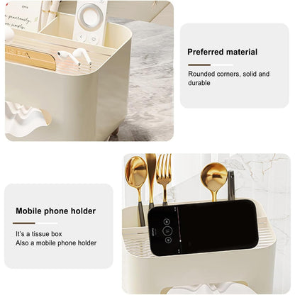 Suport pentru Servetele, selexmo, Cutie Multifunctionala, Design Minimalist, ABS, cu Suport pentru Obiectele Personale, pentru Birou, 21x15x13 cm, Crem