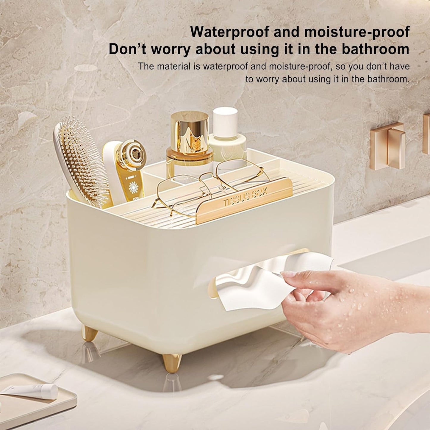 Suport pentru Servetele, selexmo, Cutie Multifunctionala, Design Minimalist, ABS, cu Suport pentru Obiectele Personale, pentru Birou, 21x15x13 cm, Crem
