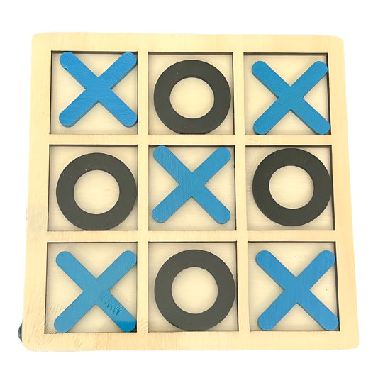 Jucarie Montessori Tic Tac Toe, Selexmo, Educativa, Interactiva, din lemn, X si O, 9 Piese, 14.3x14.3 cm, Albastru Negru