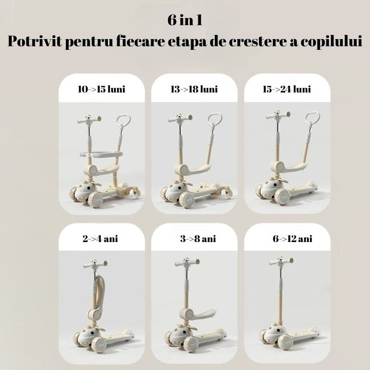 Trotineta Multifuncțională 6 în 1 - De la 10 Luni la 12 Ani, Control Parental, LED, Siguranță și Distracție!