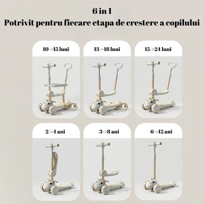 Trotineta Multifuncțională 6 în 1 - De la 10 Luni la 12 Ani, Control Parental, LED, Siguranță și Distracție!