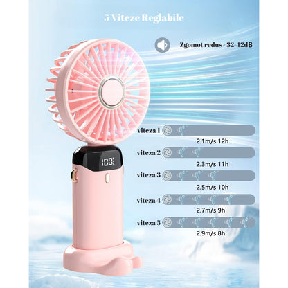 Ventilator Ultra Portabil cu Aromaterapie, 3 in 1, de Mana, de Birou, de Gat, 5 Trepte de Viteza, Incarcare USB, Autonomie 12h, Pliabil, cu Ecran LCD, Roz