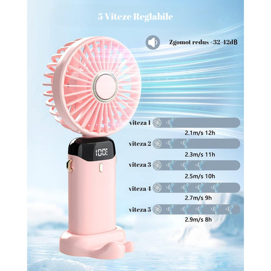 Ventilator Ultra Portabil cu Aromaterapie, 3 in 1, de Mana, de Birou, de Gat, 5 Trepte de Viteza, Incarcare USB, Autonomie 12h, Pliabil, cu Ecran LCD, Roz