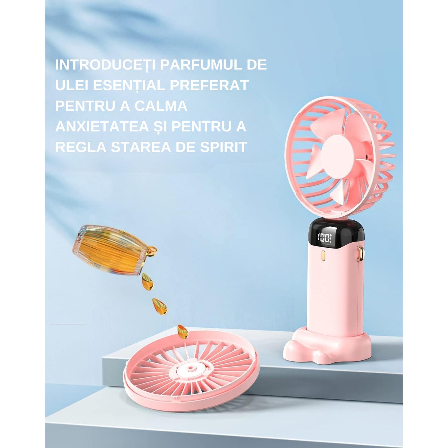 Ventilator Ultra Portabil cu Aromaterapie, 3 in 1, de Mana, de Birou, de Gat, 5 Trepte de Viteza, Incarcare USB, Autonomie 12h, Pliabil, cu Ecran LCD, Roz