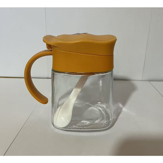 Recipient Condimente, selexmo, din Stilca, 180 ml, cu Maner si Lingurita, 11.3 x 8.2 cm, Capac Ondulat, Galben